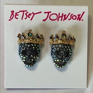 Betsey Johnson Blue and Gold Skull Crown Earrings NWT
